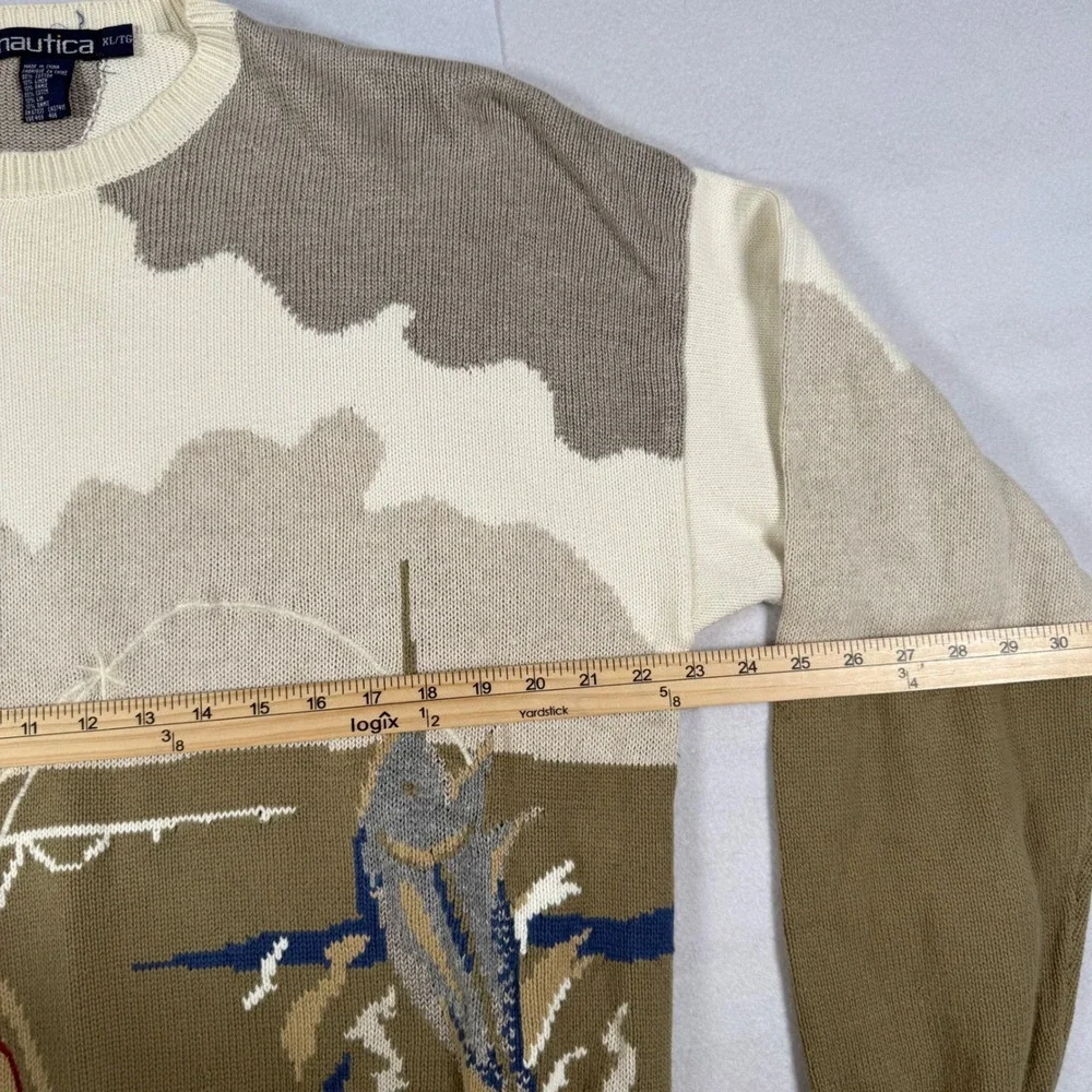 Nautica Vintage 90s Gold Coast Fishing Marlin Intarsia Knit Sweater XL Cotton - Picture 4 of 8